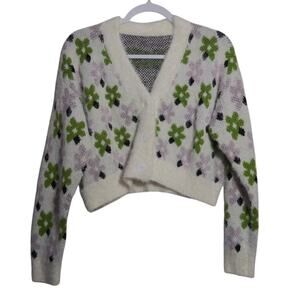 Cream Green Purple Floral Knit Fuzzy Cropped Cardigan Sweater Spring  Size L